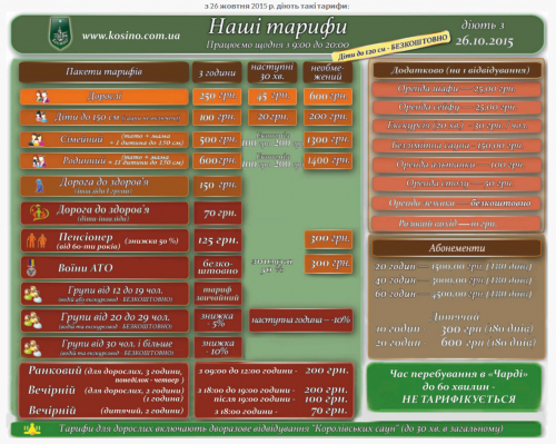 Цены Косино - для термальных бассейнов октябрь 2015